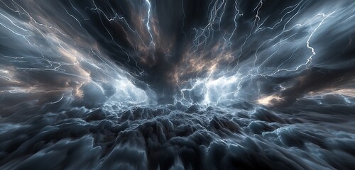 Wall Mural - A 3D representation of a thunderstorm, with dark clouds and lightning strikes that seem to crackle across the room.
