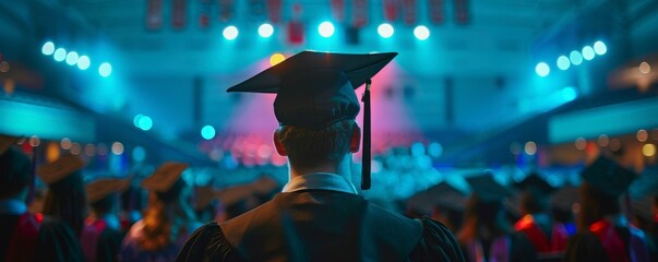 A college graduate wearing their cap and gown at the graduation ceremony