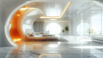 Aufkleber - Modern apartment, circular wall openings, luxurious open space, project design wireframe, 3D illustration, high-tech aesthetics. Generative AI.