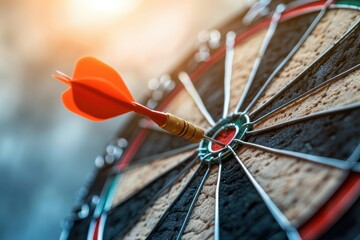 A single dart arrow precisely hits the bullseye of a dartboard, denoting success and pinpoint accuracy in a challenging game