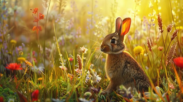 Adorable Rabbit in a Tranquil Meadow Setting with Wildflowers and Sunshine, Natural Wildlife Photography