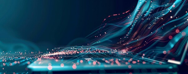 a laptop screen with digital data on glowing red and blue bokeh background