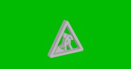 Poster - Animation of rotation of a white road work sign with shadow. Simple and complex rotation. Seamless looped 4k animation on green chroma key background