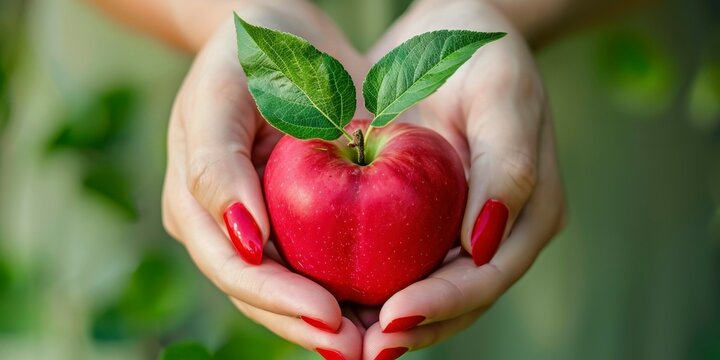 closeup of womans hands holding red apple with green leaves