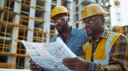 Wall Mural - Diverse construction managers and engineers reviewing blueprints at a modern urban development site. Generative AI.