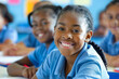 © Tanya - Happy African American teenager schoolgirl in blue uniform sitting in classroom with classmates. School, education concept. Back to school.