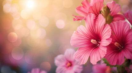 Wall Mural - Beautiful pink mallow flowers close up in the garden at sunset on a blurred natural background. Copy space. Summer floral banner.