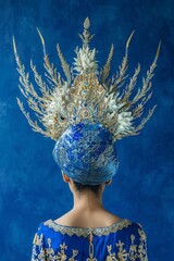 Wall Mural - Rear view of a woman in traditional blue attire with an elaborate headdress against a vivid blue background.