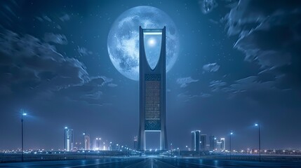 Kingdom Tower in Riyadh under a beautiful moonlit sky