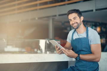 Poster - Business, apron and man with tablet, thinking and internet with digital app, service and restaurant. Online order, person and entrepreneur with tech, schedule and waiter in cafe, decision and barista