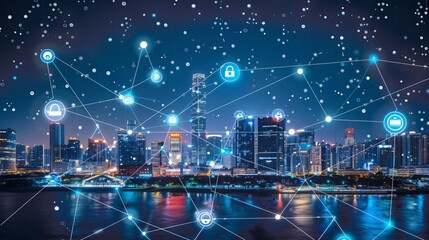 Canvas Print - Smart city technology depicted with interconnected icons above the city, symbolizing a smart city that enhances convenience for residents through advanced communication and medical systems