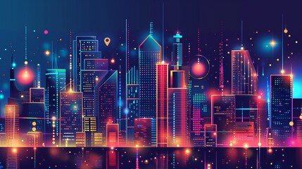 Canvas Print - The cellular technology in the smart city appears pixelated, the smart city concept with signal towers that enable smooth business communications and easy access to information for residents