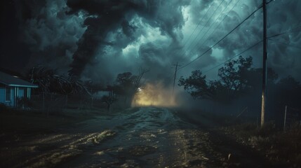 Wall Mural - image of raging tornado at the end of road with grass fields and covering sky with black clouds