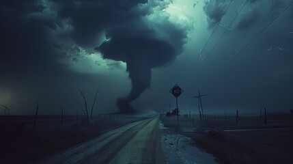 Wall Mural - image of raging tornado at the end of road with grass fields and covering sky with black clouds