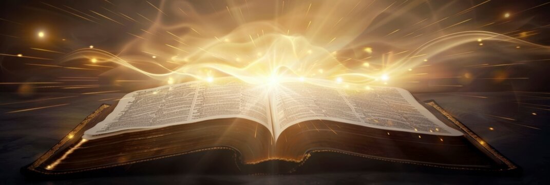 An open Bible with rays of golden light emanating from it