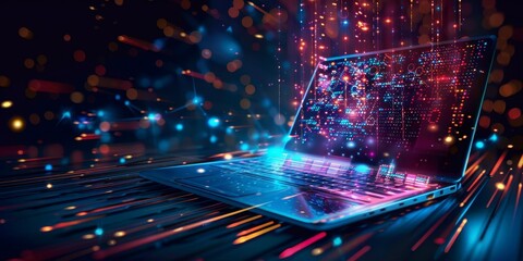 a laptop screen with digital data on glowing red and blue bokeh background