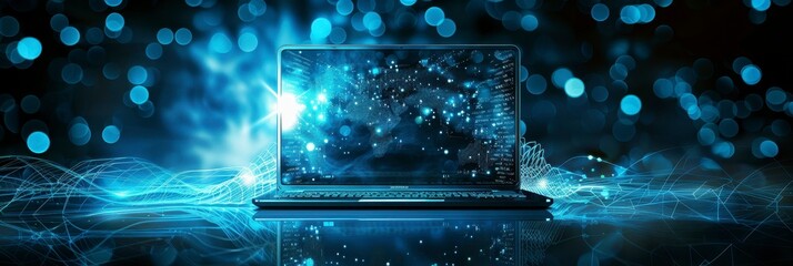 a laptop screen with digital data on glowing red and blue bokeh background