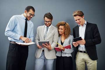 Poster - Corporate people, technology and teamwork on wall background for business collaboration and planning. Employees with digital tablet, notebook and research for career, recruitment or human resources