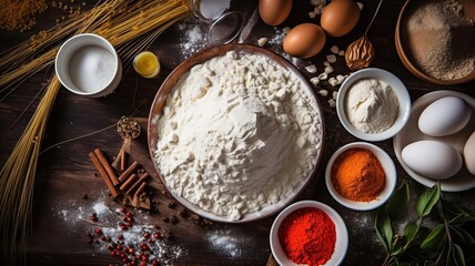 Wall Mural - Baking ingredients with flour, sugar, milk and eggs. selective focus. Generative AI,