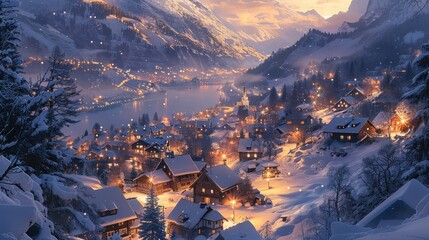 A cozy snowy mountain village, warm lighting. Generative AI.
