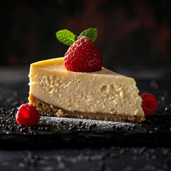 Canvas Print - Classic cheesecake on black background, close up