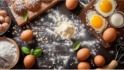 Wall Mural - Baking ingredients with flour, sugar, milk and eggs. selective focus. Generative AI,