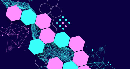 The abstract wave with hexagon is made in a frame style. Template for science and technology presentation. Hand drawn vector art.
