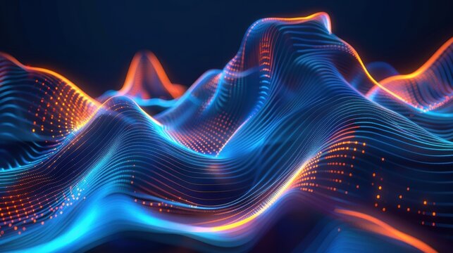 Abstract digital landscape with blue and orange waves, representing data visualization and technology in a futuristic style.