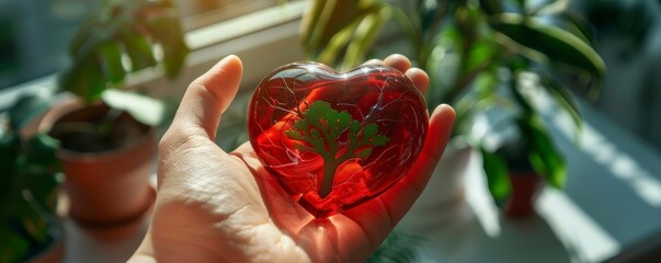 A heart shaped red glass object with tree patterns inside is held in the palm of one hand against an indoor plant background