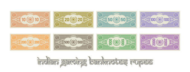 Sticker - Vector set of color gaming banknotes. Indian notes in denominations of 10, 20, 50, 100, 200, 500, 1000 and 2000 rupee. Money collection of India. State symbol, wreath and guilloche mesh.