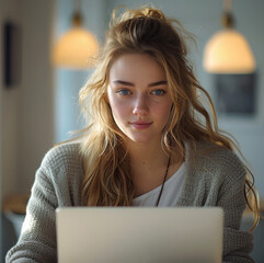 Aufkleber - Young woman working on laptop. Generative AI.