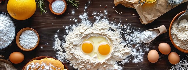 Wall Mural - Baking ingredients with flour, sugar, milk and eggs. selective focus. Generative AI,