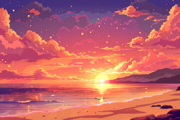 Romantic beach sunset, with golden sands, gentle waves, and a sky ablaze with warm hues of orange and pink