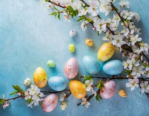 Wall Mural - Colorful small easter eggs with flowering branches as a boarder on a light blue background