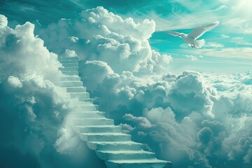 a stairway leading up to a sky filled with clouds and a bird flying over 