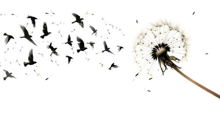 Poster - A dandelion turning into birds, with the seeds dispersing and transforming in mid-air on a white background