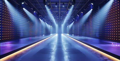 The long empty fashion catwalk with beautiful lights on both sides, the background is dark and simple, the front view of the stage, there's an LED screen in between two walls at each. Generative AI.