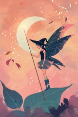 Wall Mural - A fairy is holding a wand and standing on a leaf. The sky is pink and the moon is in the background