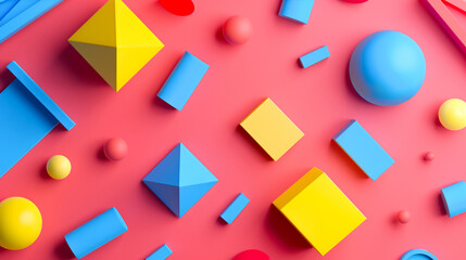 Poster - A minimalist desktop wallpaper with a Bauhaus twist, 3D-rendered geometric shapes in primary colors