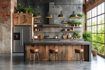 Wall Mural - Modern nordic kitchen in loft apartment. 3D rendering.