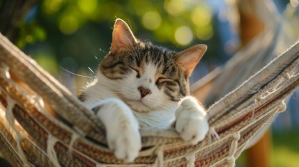Poster - A chubby cat lounging in a hammock, eyes half-closed in blissful rest.
