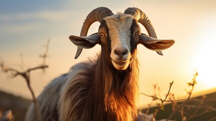 Wall Mural - Portrait of a Curious Goat at Sunset