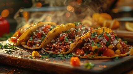 Delicious Mexican tacos with meat, beans and vegetables on a dark background. Close up