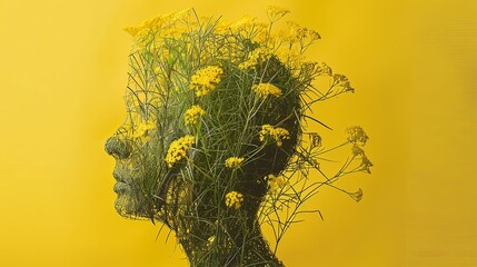 Wall Mural - Abstract surreal portrait of a person with a head made of grass and yellow flowers.