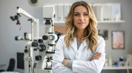 Female ophthalmologist with crossed arms in clinic setting