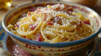Wall Mural - A colorful bowl of creamy spaghetti carbonara garnished with crispy pancetta and grated Parmesan cheese.