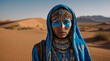 © Yuliia Litvinova - A close-up of a mysterious Bedouin woman, her face decorated with neon blue paint, symbolizing her connection to a mystical tribe.