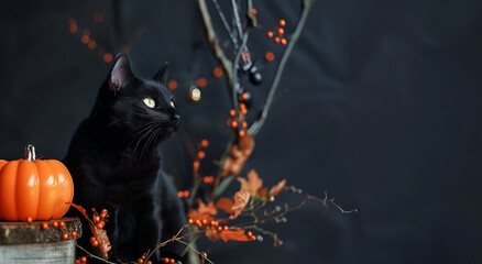 Black cat with pumpkin and autumn leaves on dark background