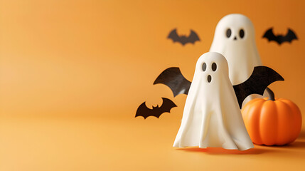 Two playful ghosts with Halloween pumpkin on orange? copy space