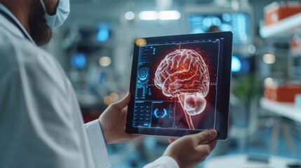 Aufkleber - Doctor showing a 3D of brain with pain in red on a digital tablet. Patient holding his head behind the doctor. Generative AI.